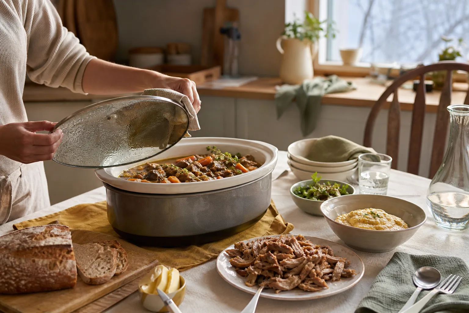 Färdig gryta i stengodsinsats på ett dukat köksbord