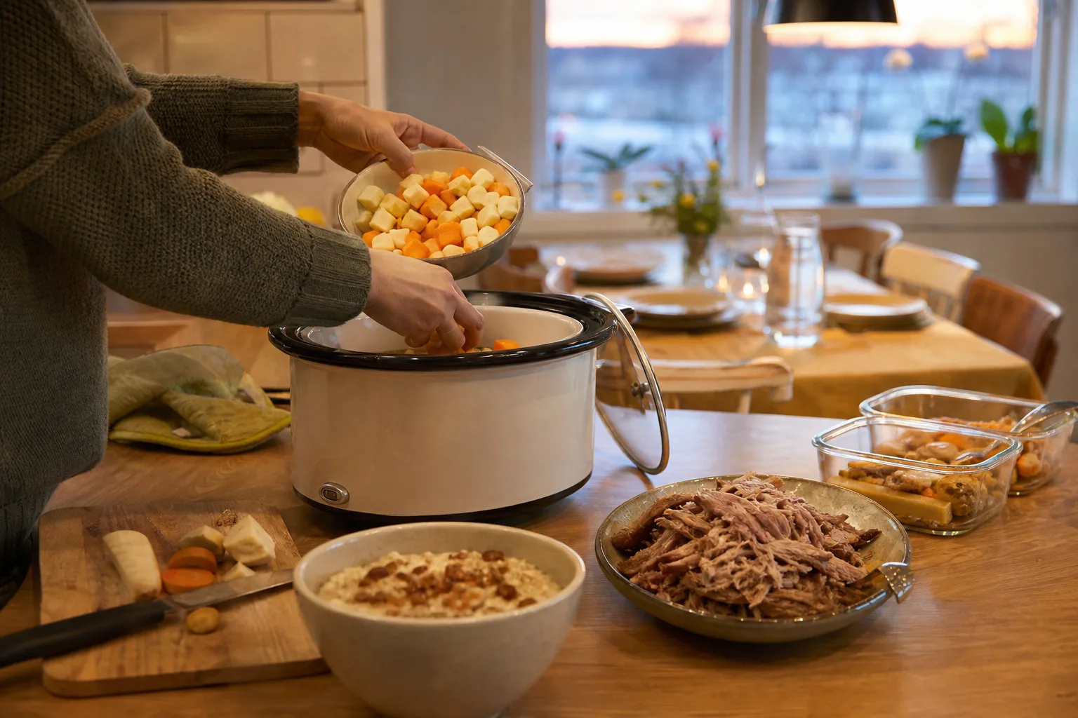 Tärnade rotfrukter läggs i kokarens insats inför middagen