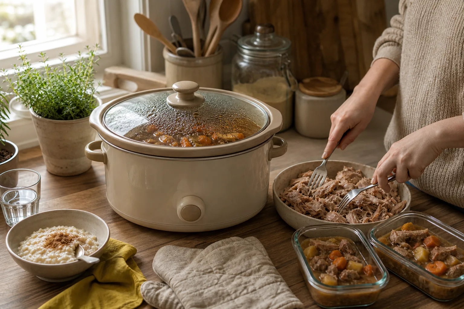 Slow cooker med lyft lock, innergryta och råvaror på köksbänken