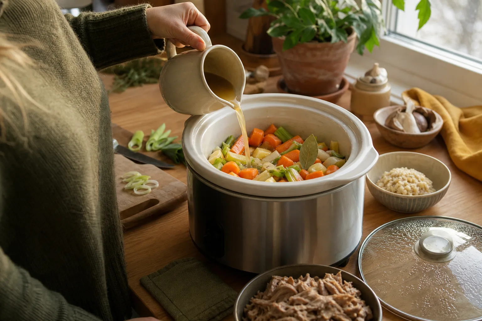 Måttkanna, krossade tomater och en gryta med kött och grönsaker