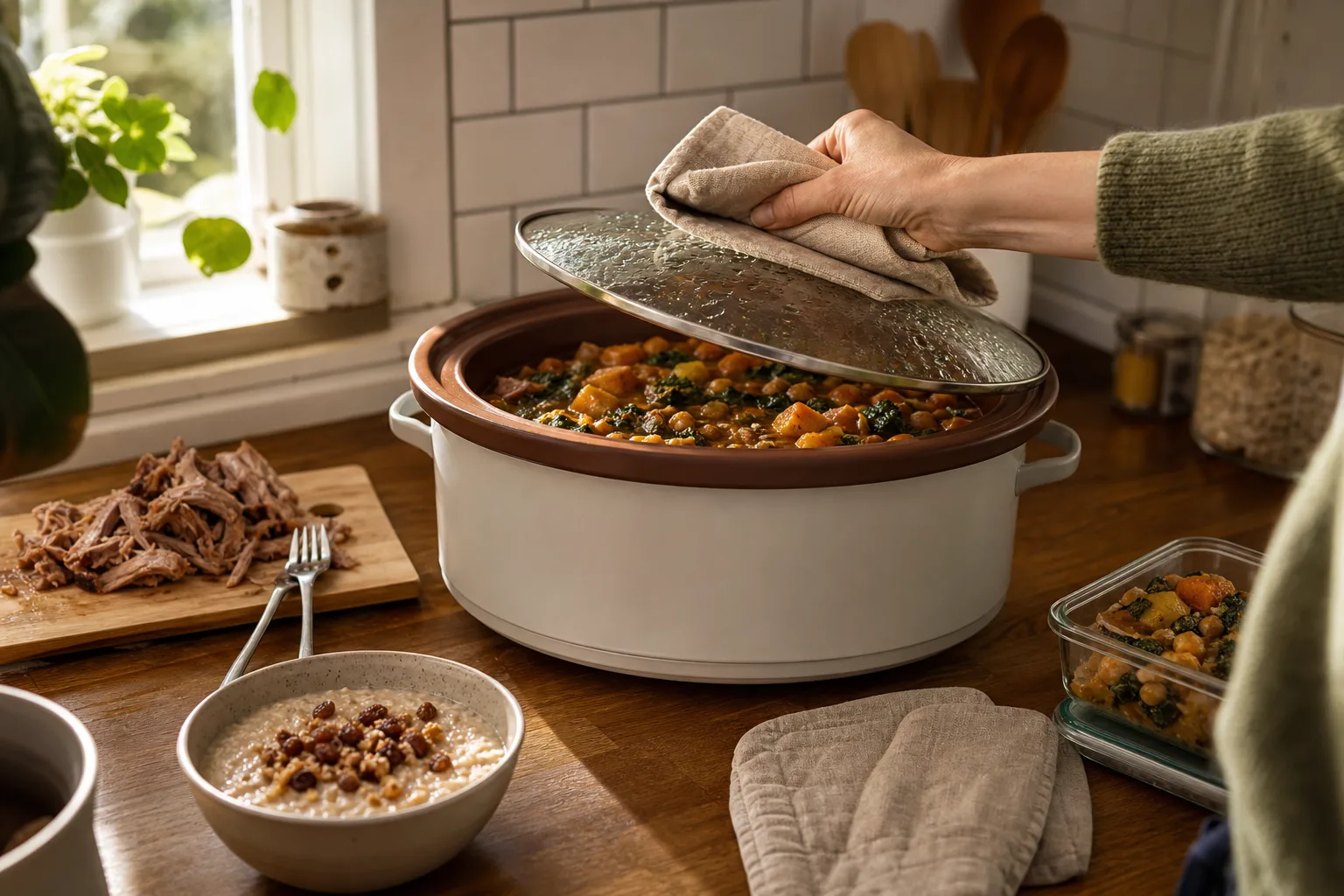 En hand ställer en slow cooker medan en klocka och förberedda grönsaker står bredvid