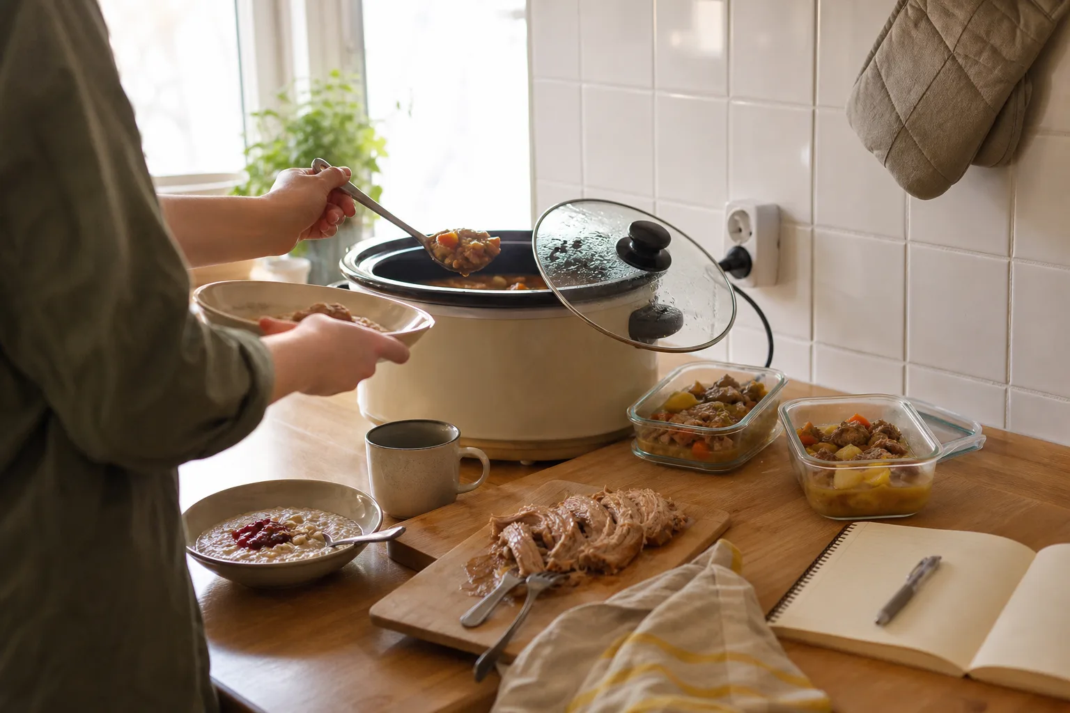 Slow cooker på köksbänken med energimätare och anteckningar om koktid