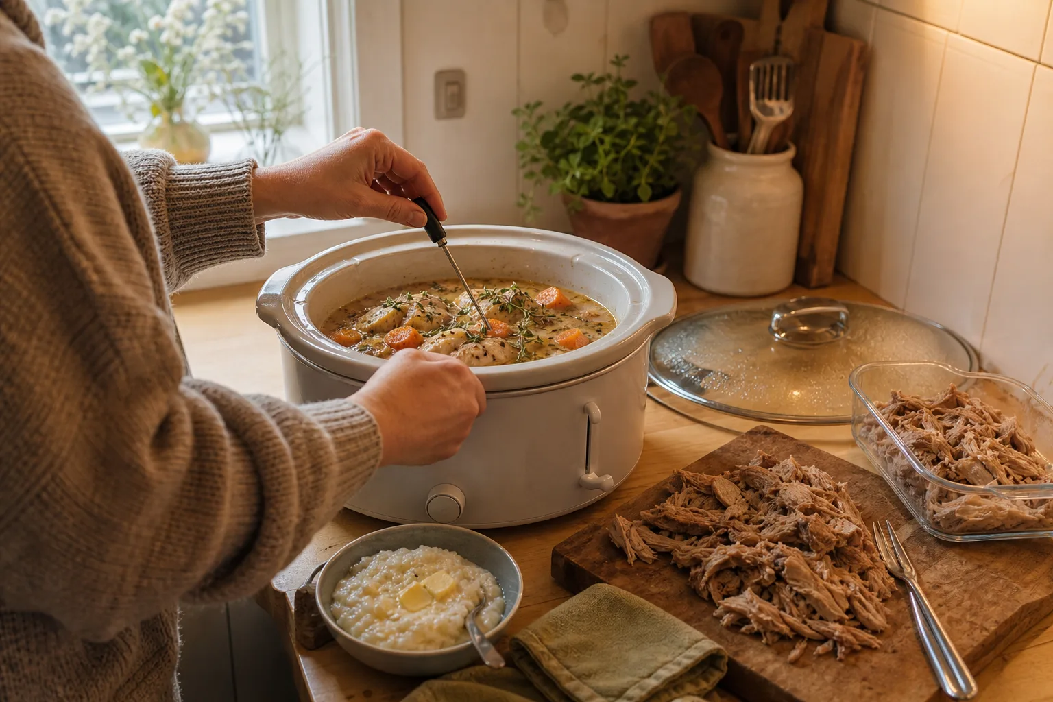 Grunda matlådor och en mattermometer bredvid den färdiga middagen