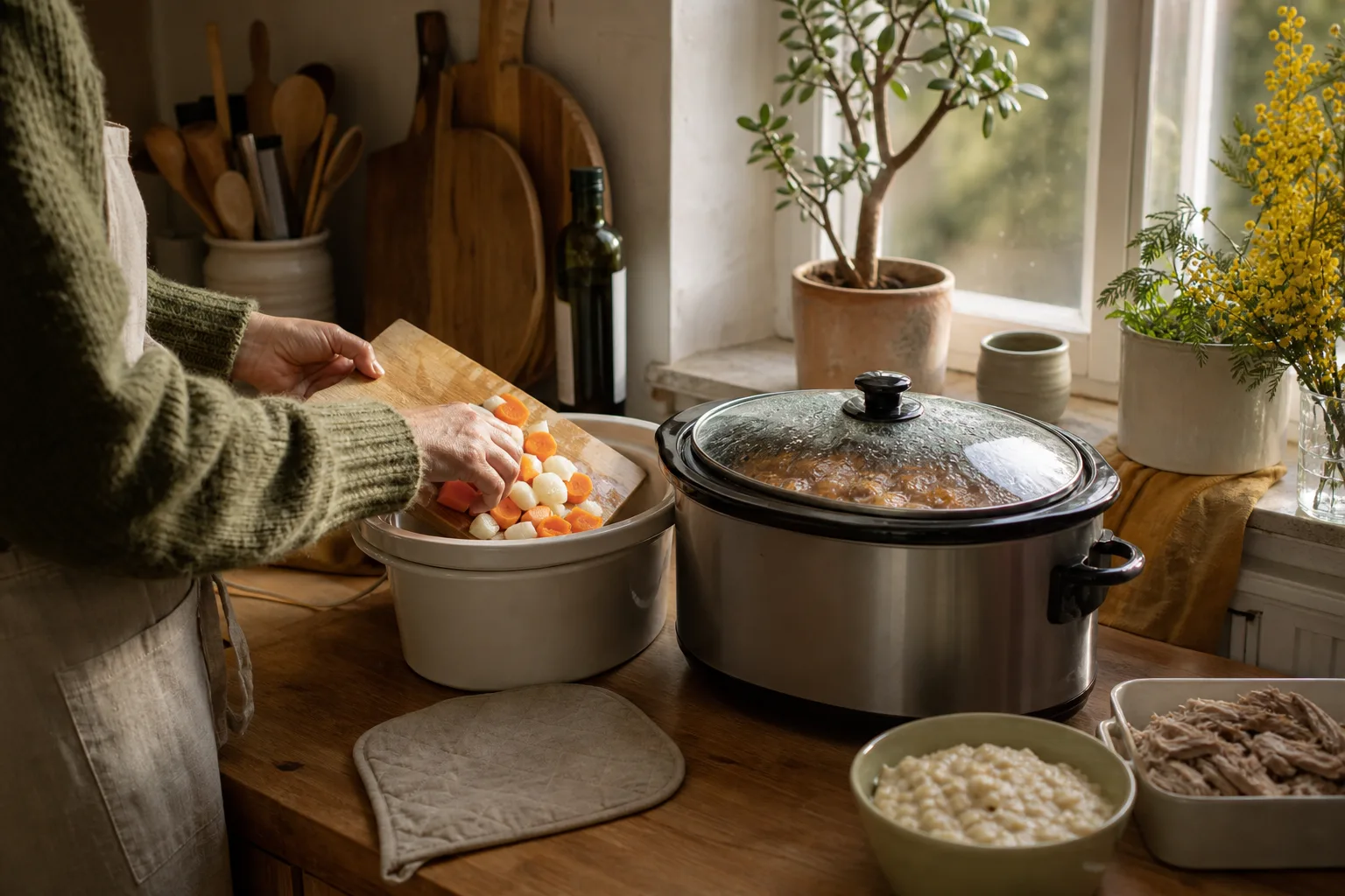 Morötter och lök läggs i en ljus insats inför långkoket