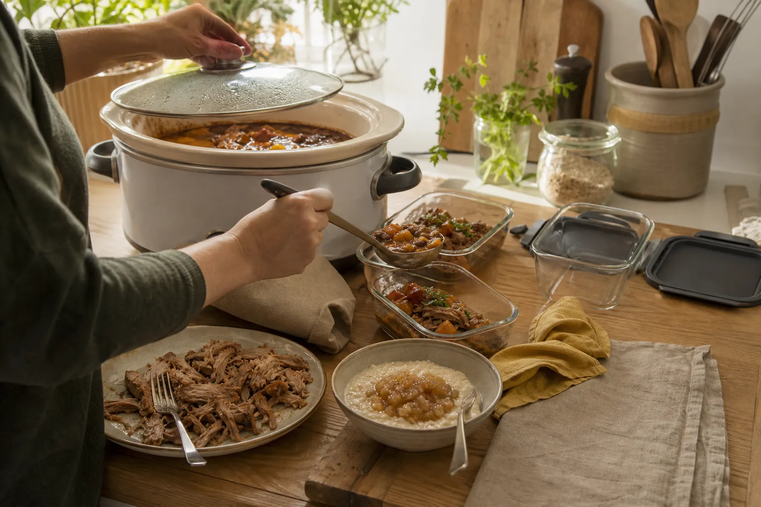 Varm gryta portioneras i matlådor från en kokare