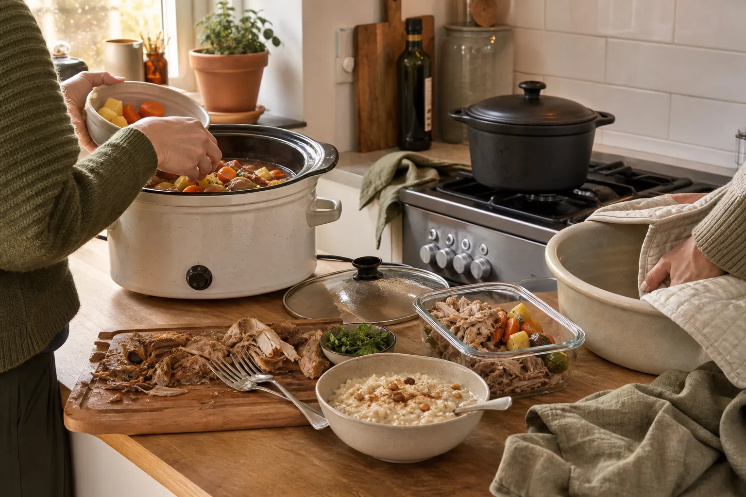 Gjutjärnsgryta vid spisen och slow cooker på bänken i ett kök