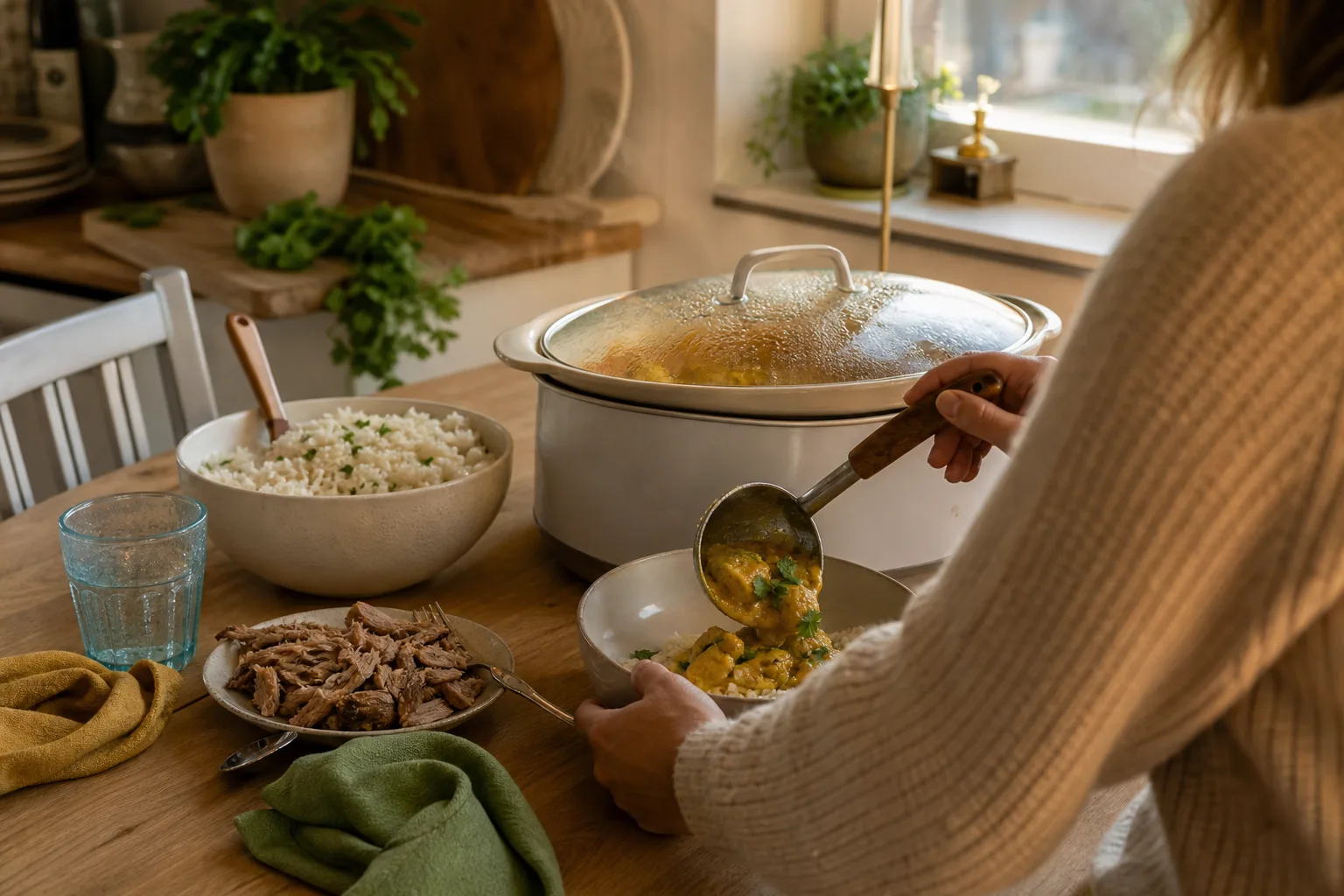 Kycklinggryta serveras ur en kokare med ris bredvid