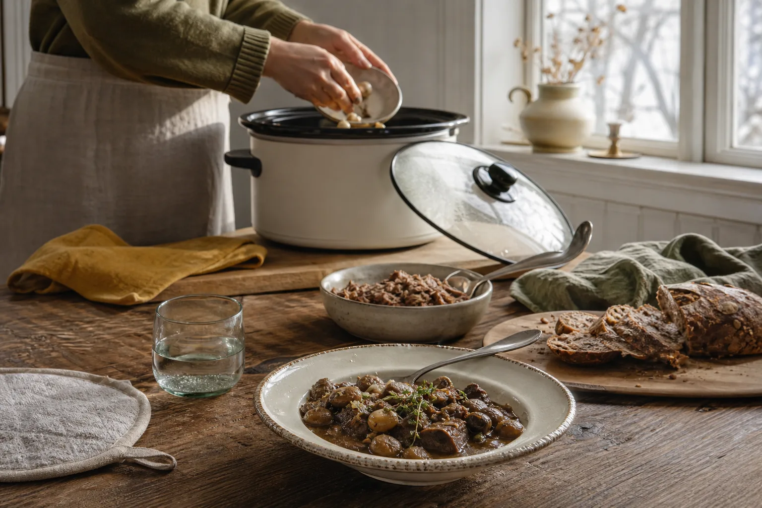 Burgundisk köttgryta med högrev, champinjoner och morötter i en djup skål
