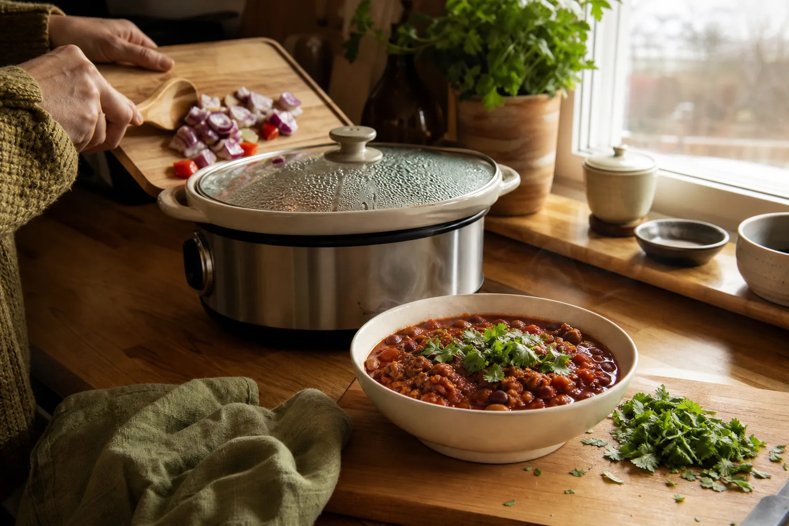 Chili med kidneybönor serverad med ris och gräddfil
