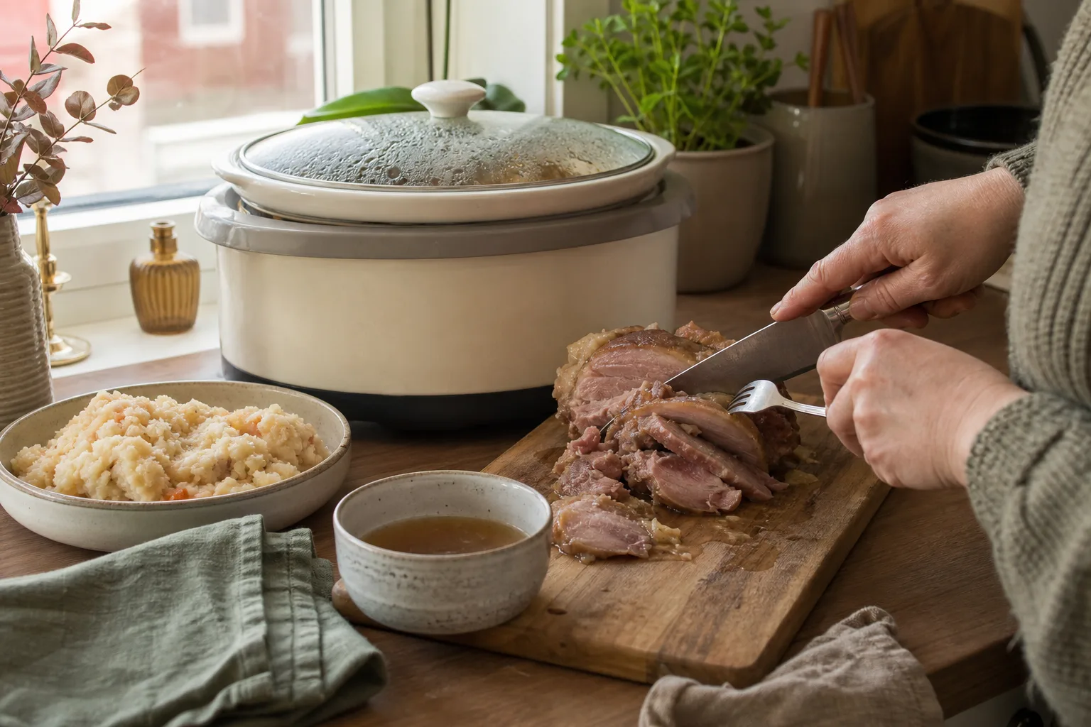 Rimmad fläsklägg på ett fat med rotmos och en kanna kokspad