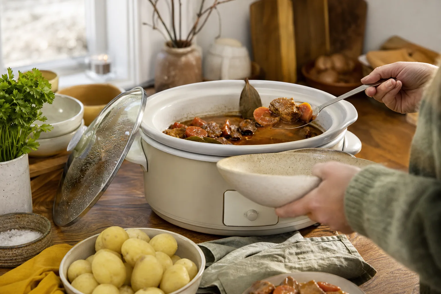 Kalops med morotsbitar, kokt potatis och inlagda rödbetor på ett köksbord
