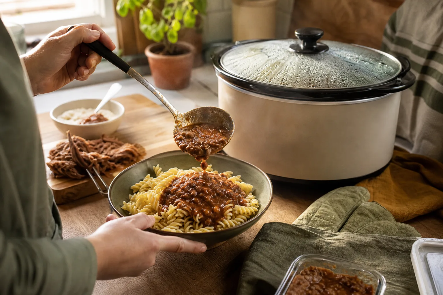 Köttfärssås med morötter i en gryta och nykokt pasta bredvid