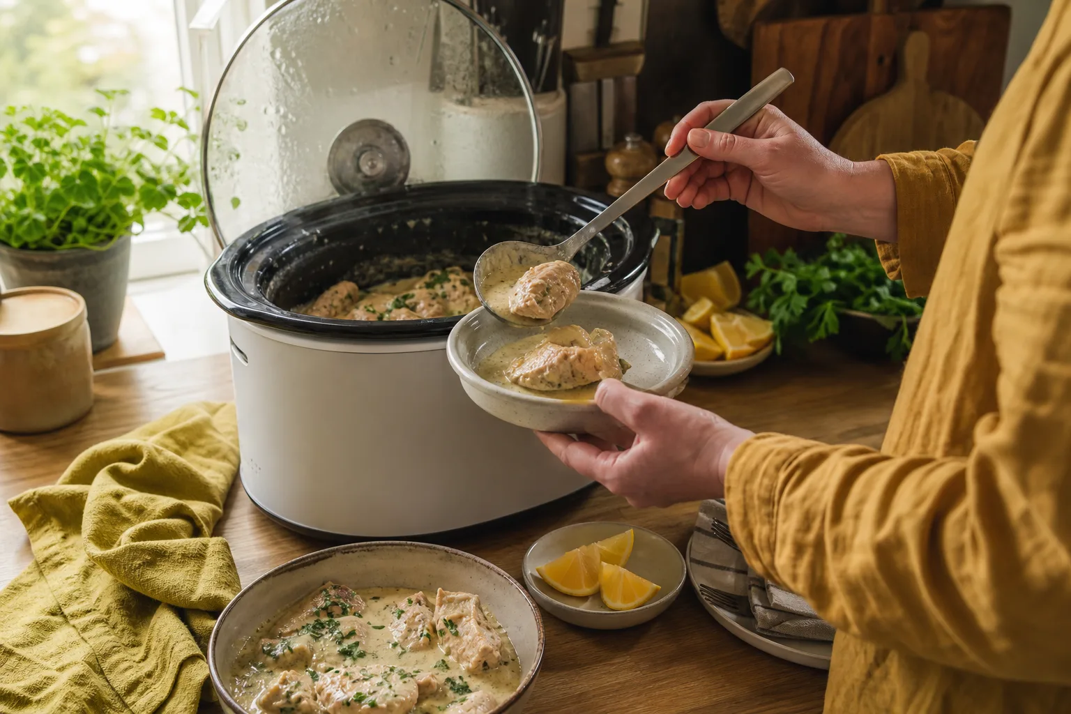 Kycklinglår med gräddsås och spenat, redo att serveras ur grytan