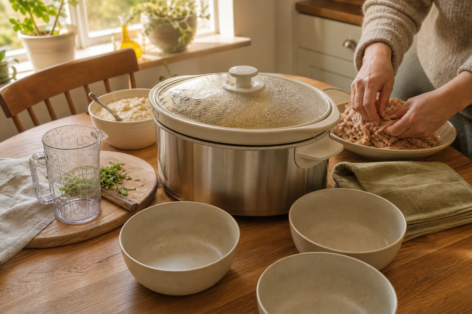 Uppmätta råvaror och matlådor bredvid en slow cooker på köksbänken